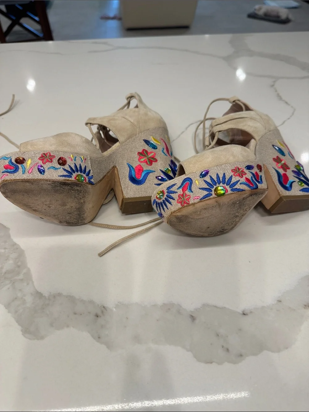 Gianni Marra Neutral Suede Lace-Up Embroidered Platform Sandals